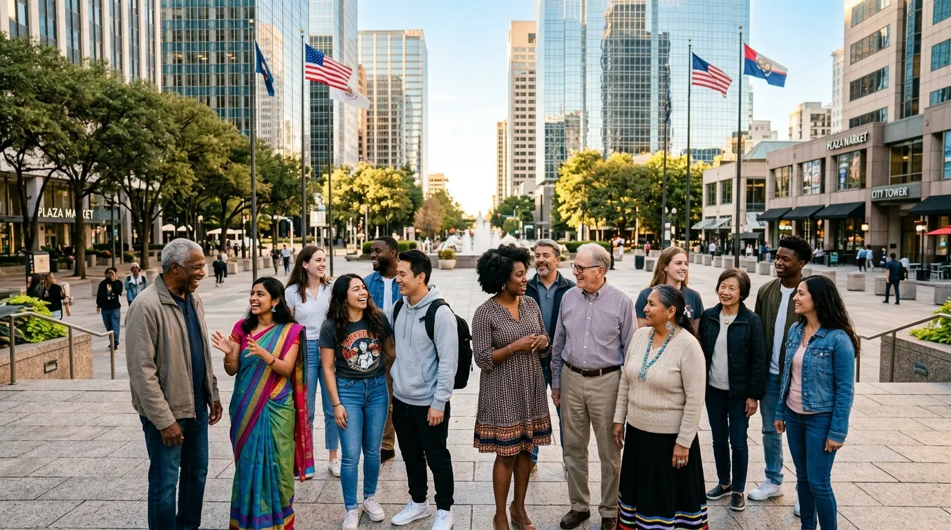 Groupe multiculturel conversant dans une place de ville moderne