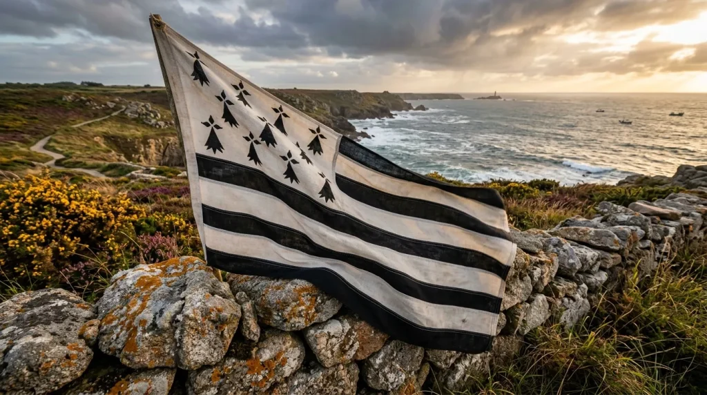 Drapeau breton blanc et noir flottant sur côte rocheuse bretonne