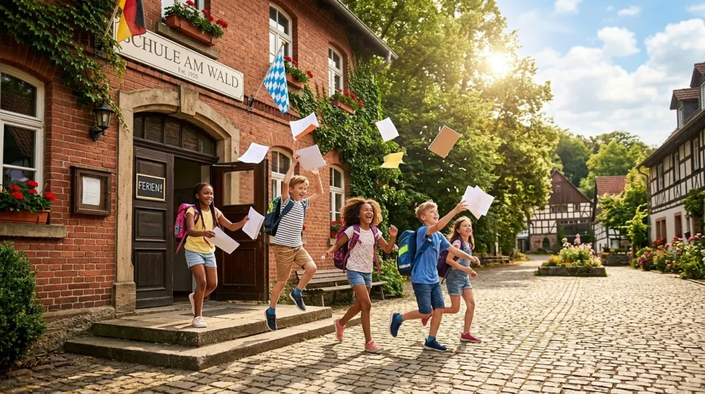 Groupe d'enfants jouant et jetant des papiers devant une maison