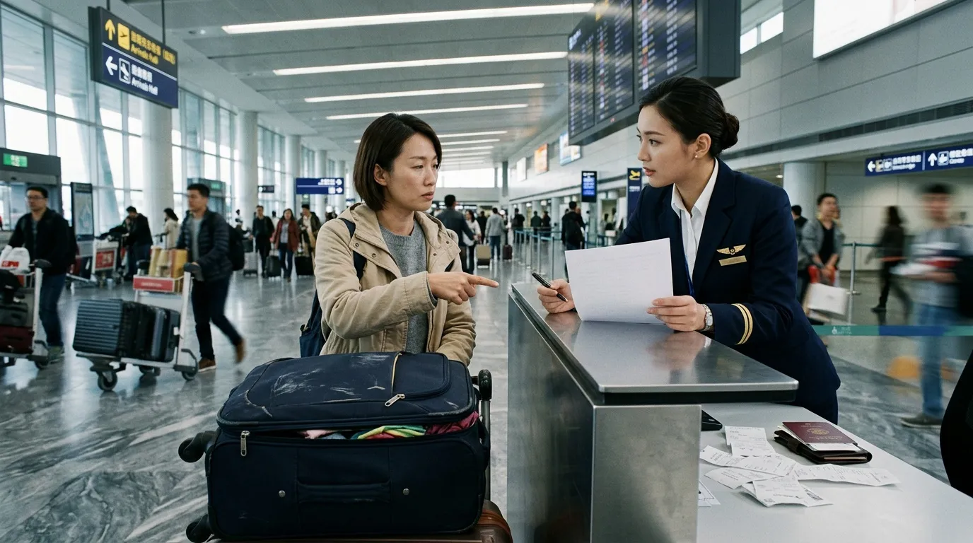 Passag&egrave;re avec valise discutant avec agent a&eacute;roport &agrave; comptoir