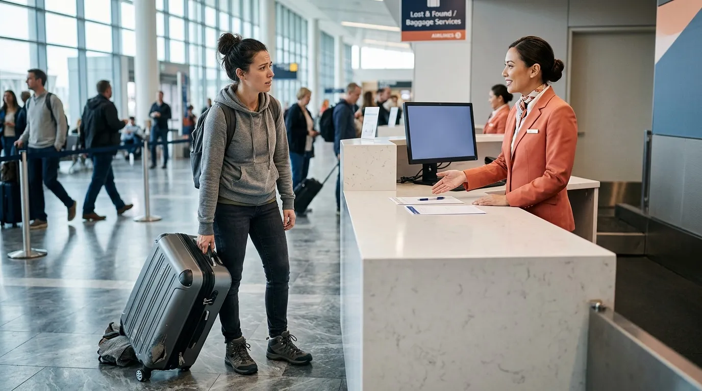 Passagère avec valise à comptoir d'aéroport parlant agent