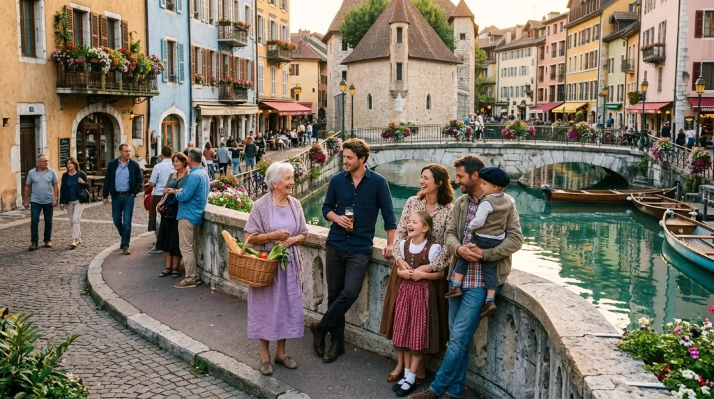 Famille multigénérationnelle devant un canal dans un village montagnard pittoresque