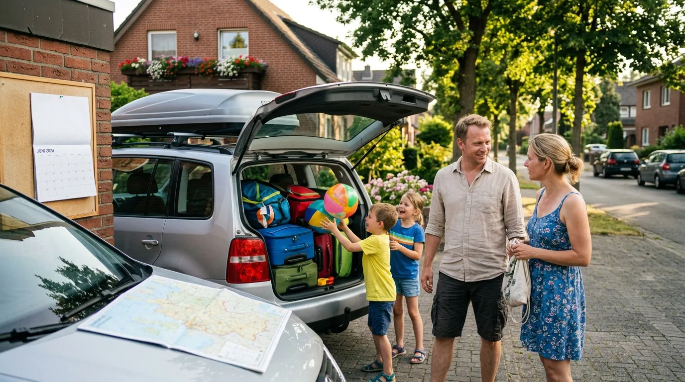 Famille chargeant bagages dans monospace pour partir en vacances