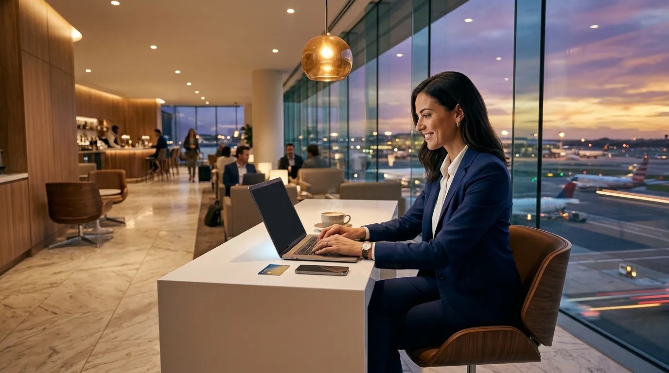 Femme en blazer bleu travaillant sur laptop dans lounge aéroport