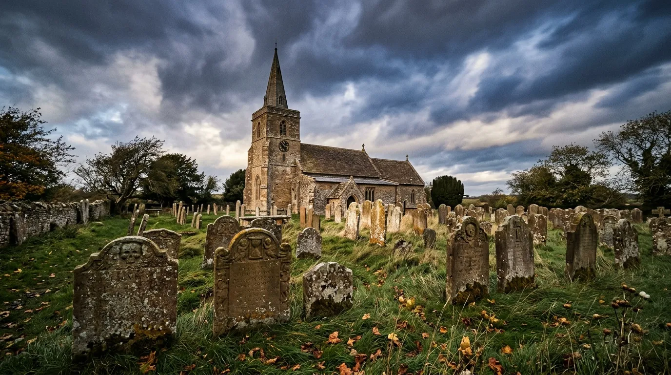 Vieille &eacute;glise en pierre avec cimeti&egrave;re et pierres tombales