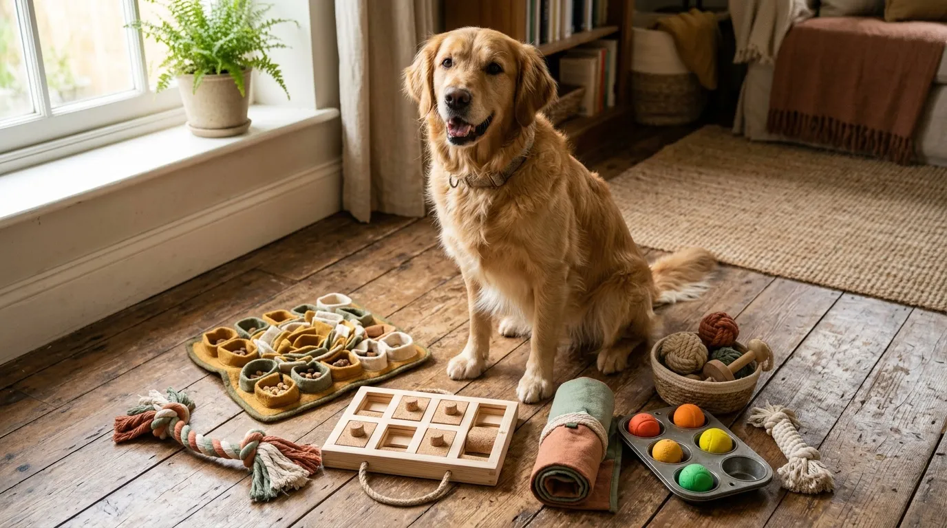 Chien golden retriever assis entouré de jouets interactifs