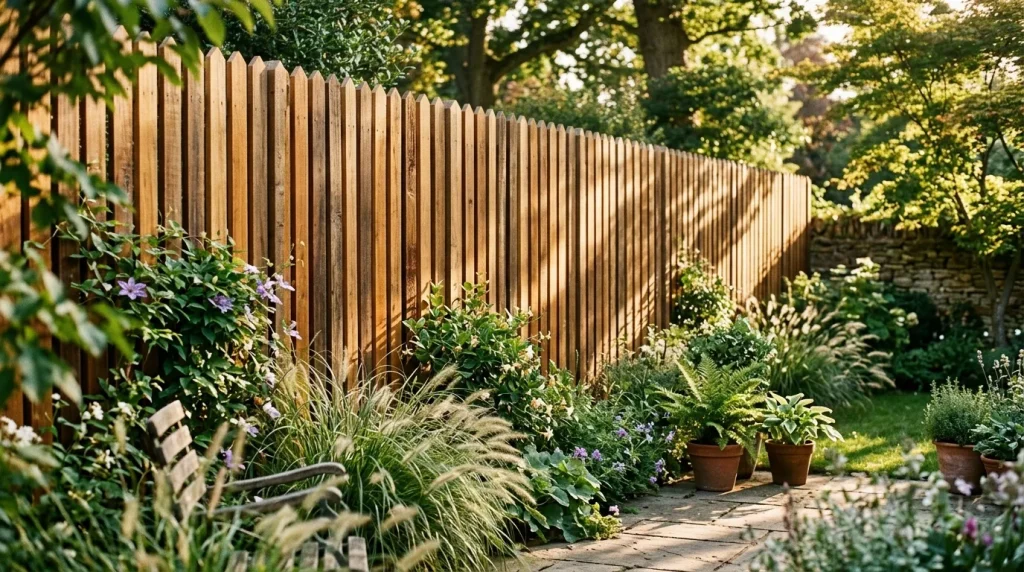 Clôture bois longeant allée jardin fleuri