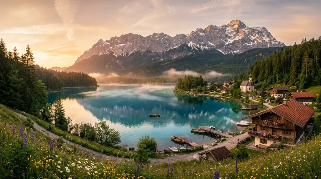 Village alpin au bord d'un lac turquoise montagneux