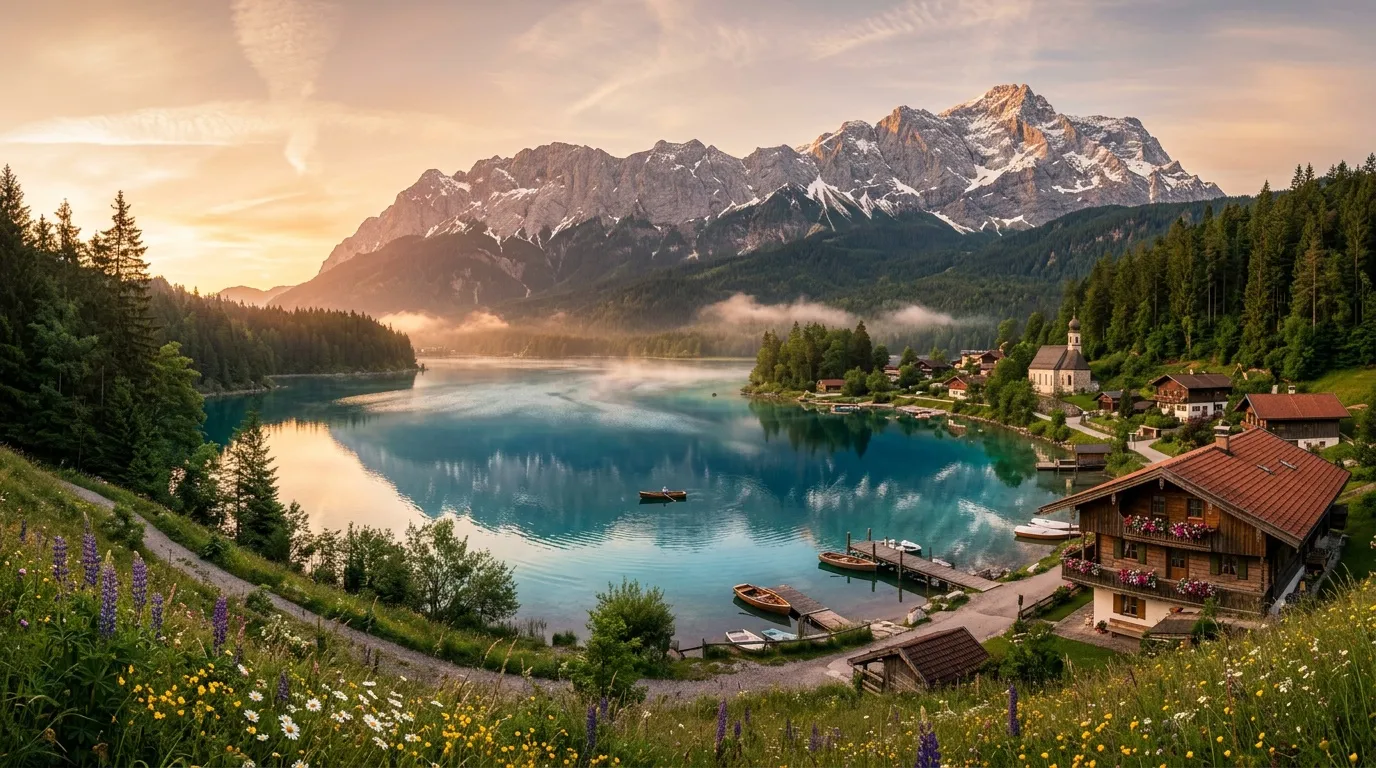 Village alpin au bord d'un lac turquoise montagneux
