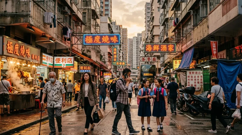 Rue commerçante asiatique bondée avec enseignes chinoises colorées