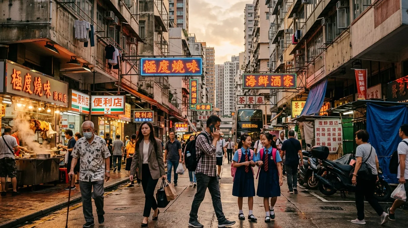 Rue commerçante asiatique bondée avec enseignes chinoises colorées