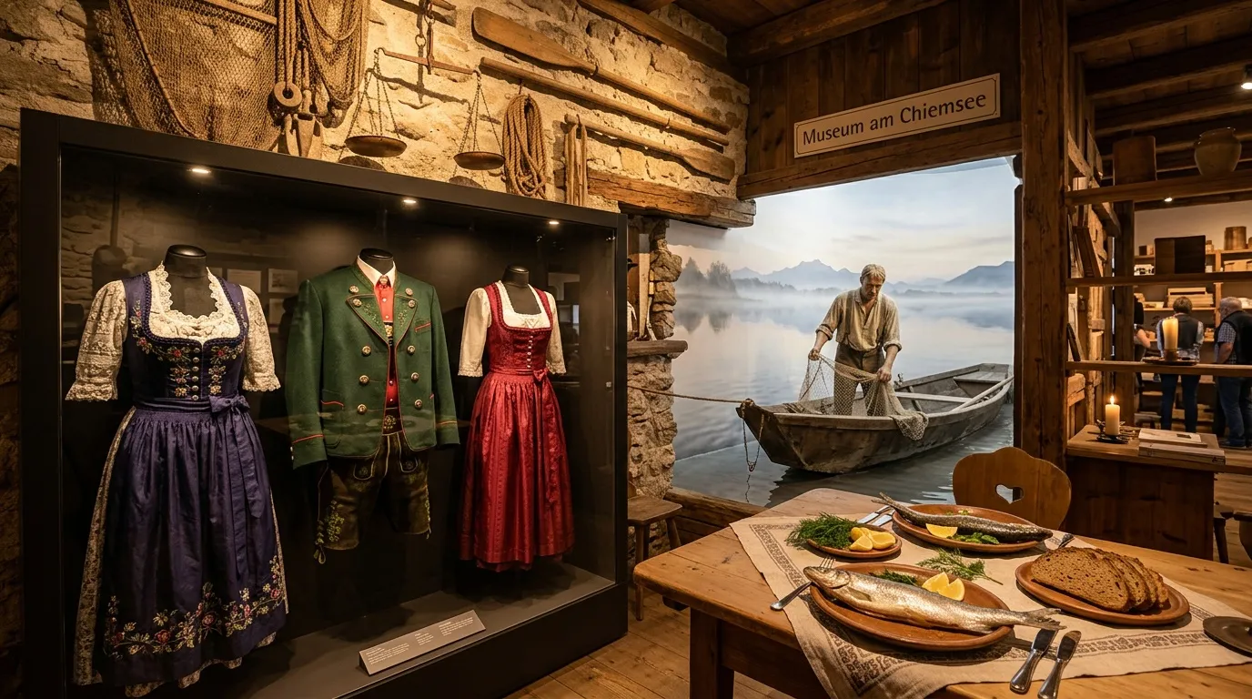 Costumes traditionnels bavarois et scène de pêche au musée