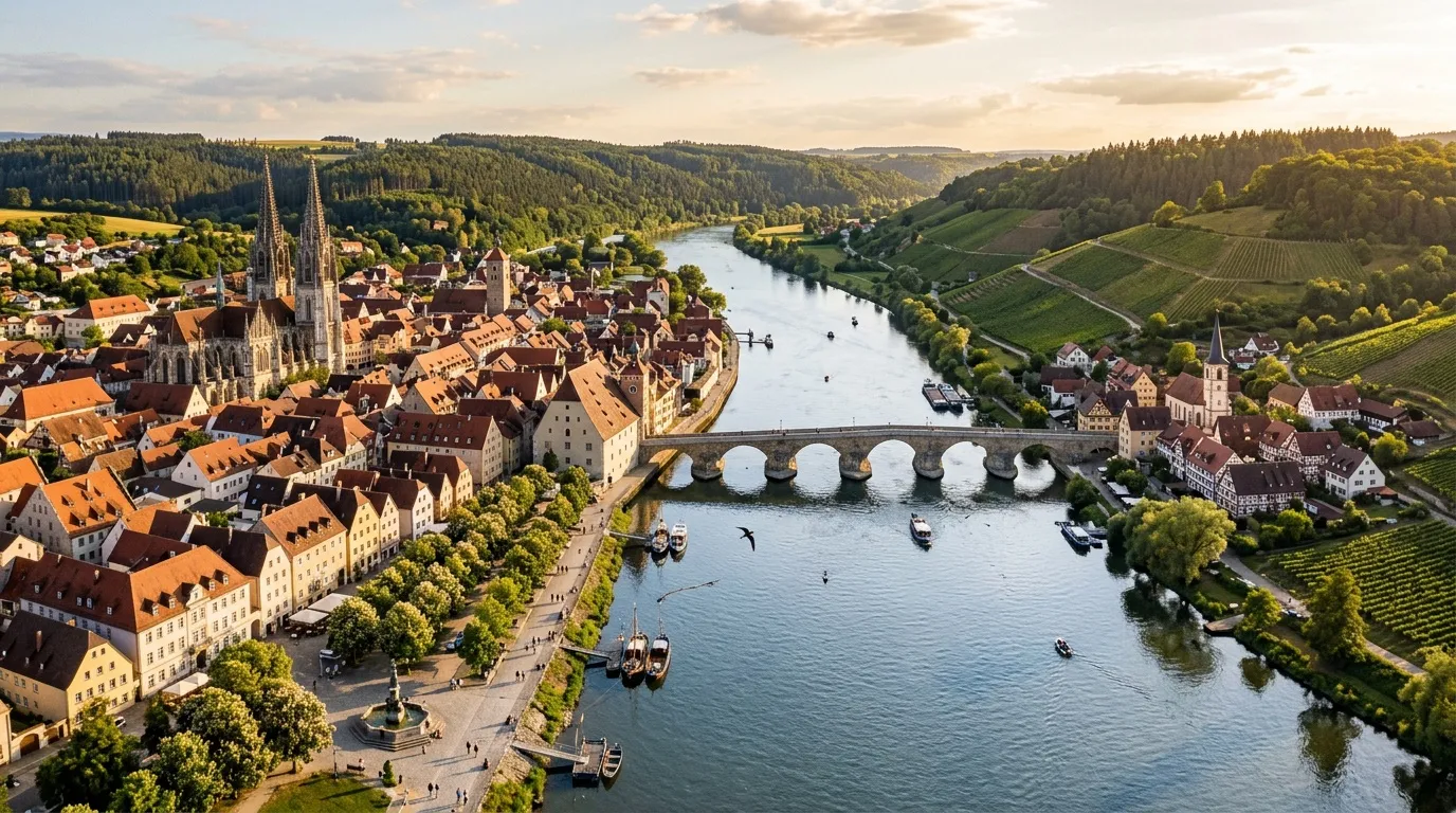Vue aérienne de Passau avec cathédrale, pont et rivière