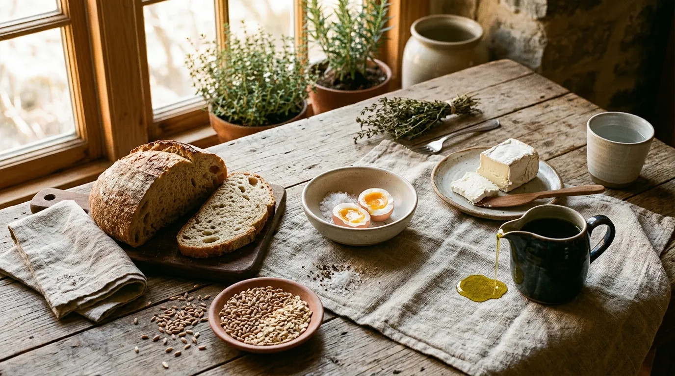 Table en bois avec pain, œufs, fromage et herbes aromatiques