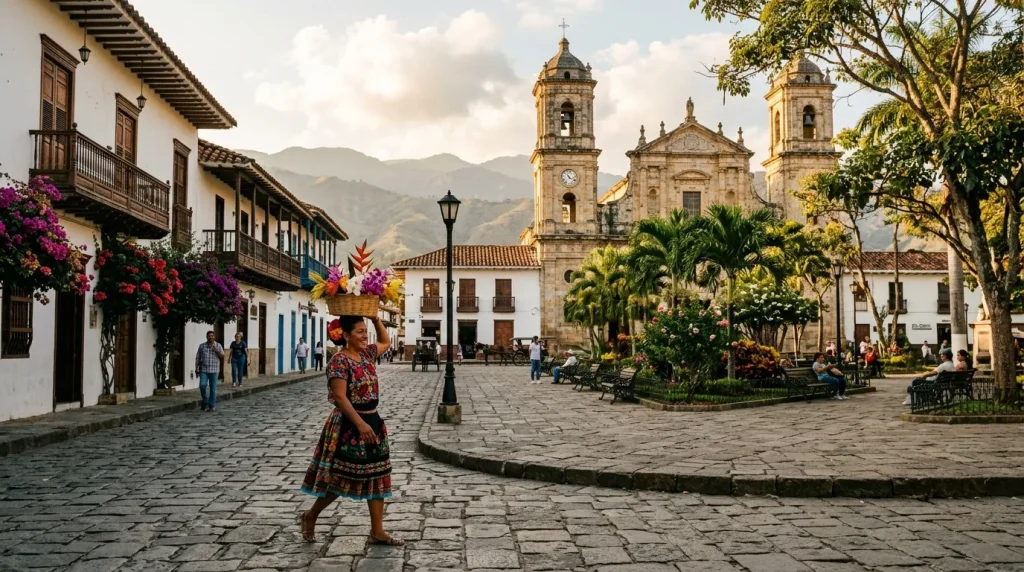 Femme en robe traditionnelle sur place pavée avec église coloniale