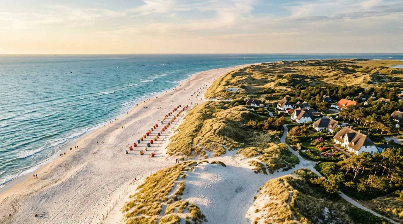 Vue aérienne d'une plage avec dunes, cabines de plage et maisons côtières