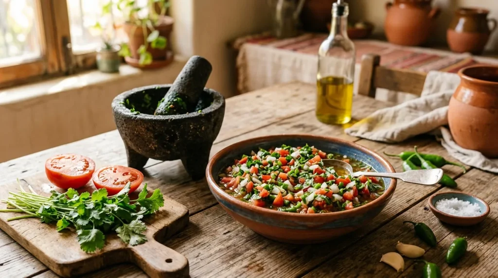 Salade fraîche avec tomates, herbes et ingrédients sur table rustique