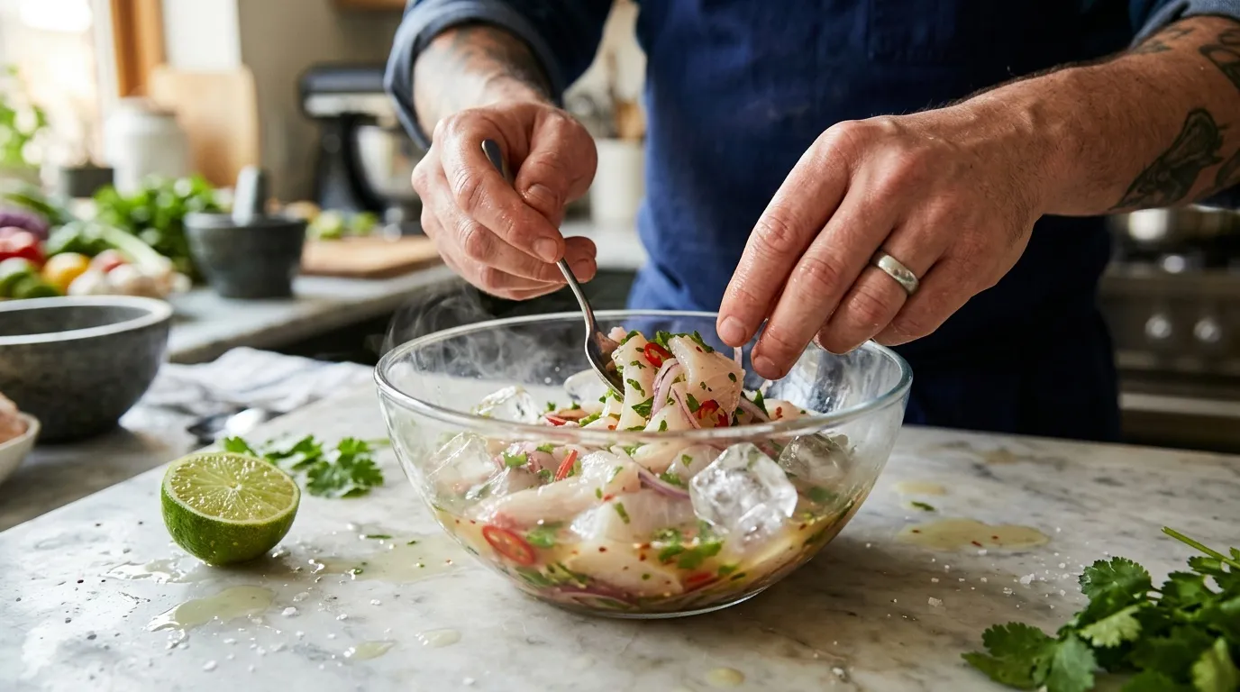 Homme mélangeant du ceviche dans un bol avec des ingrédients frais