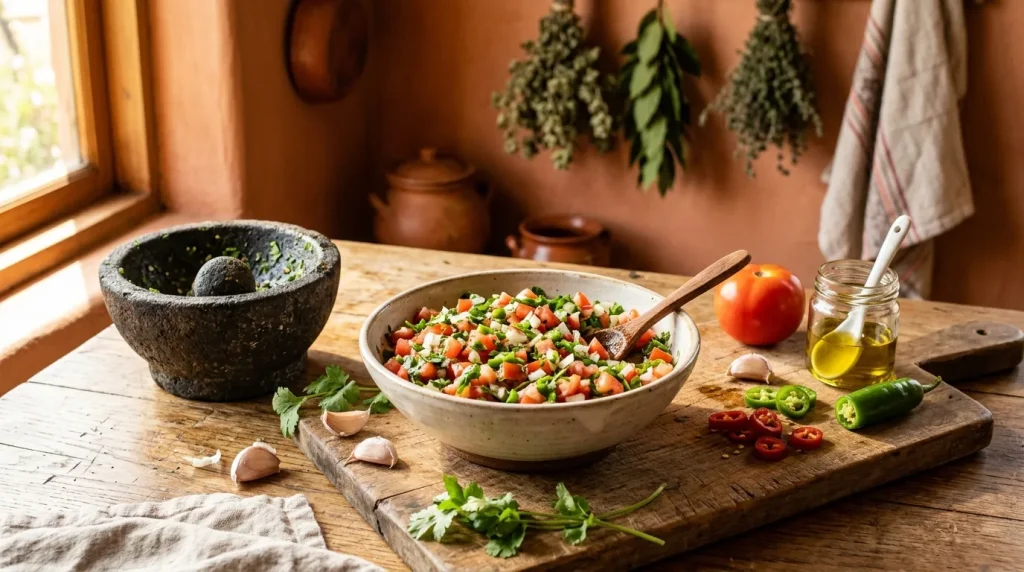 Salade fraîche avec légumes, herbes et huile d'olive sur table en bois