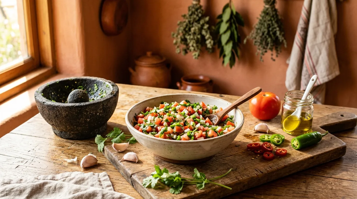 Salade fraîche avec légumes, herbes et huile d'olive sur table en bois