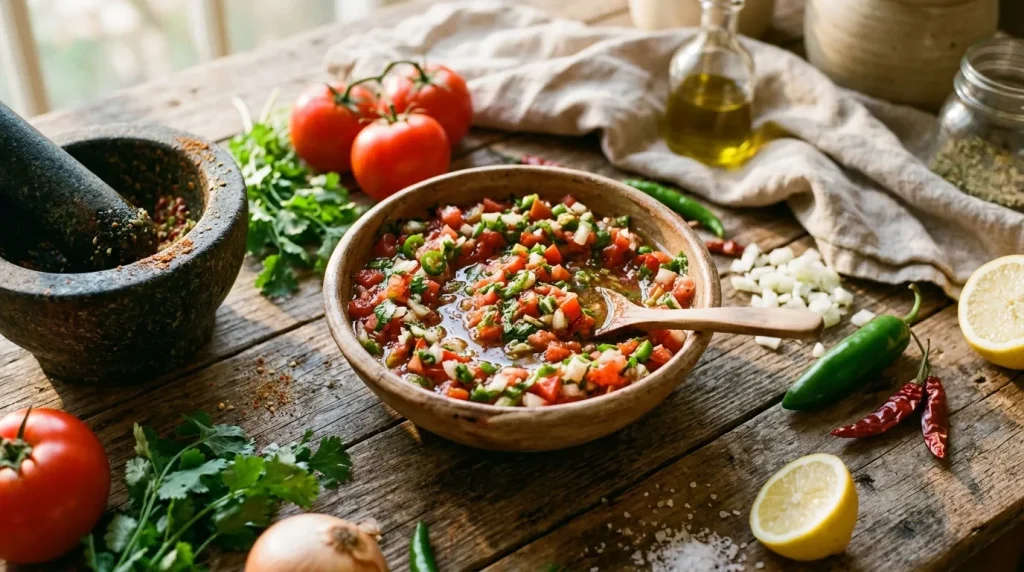 Salsa tomate fraîche dans bol avec ingrédients sur table bois