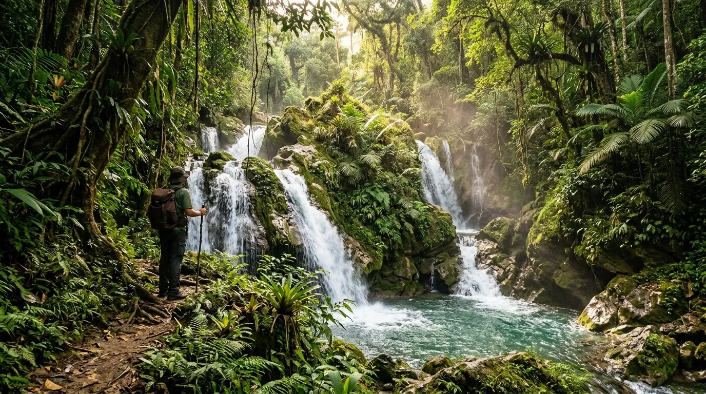 Randonneur observant des cascades dans une forêt tropicale luxuriante
