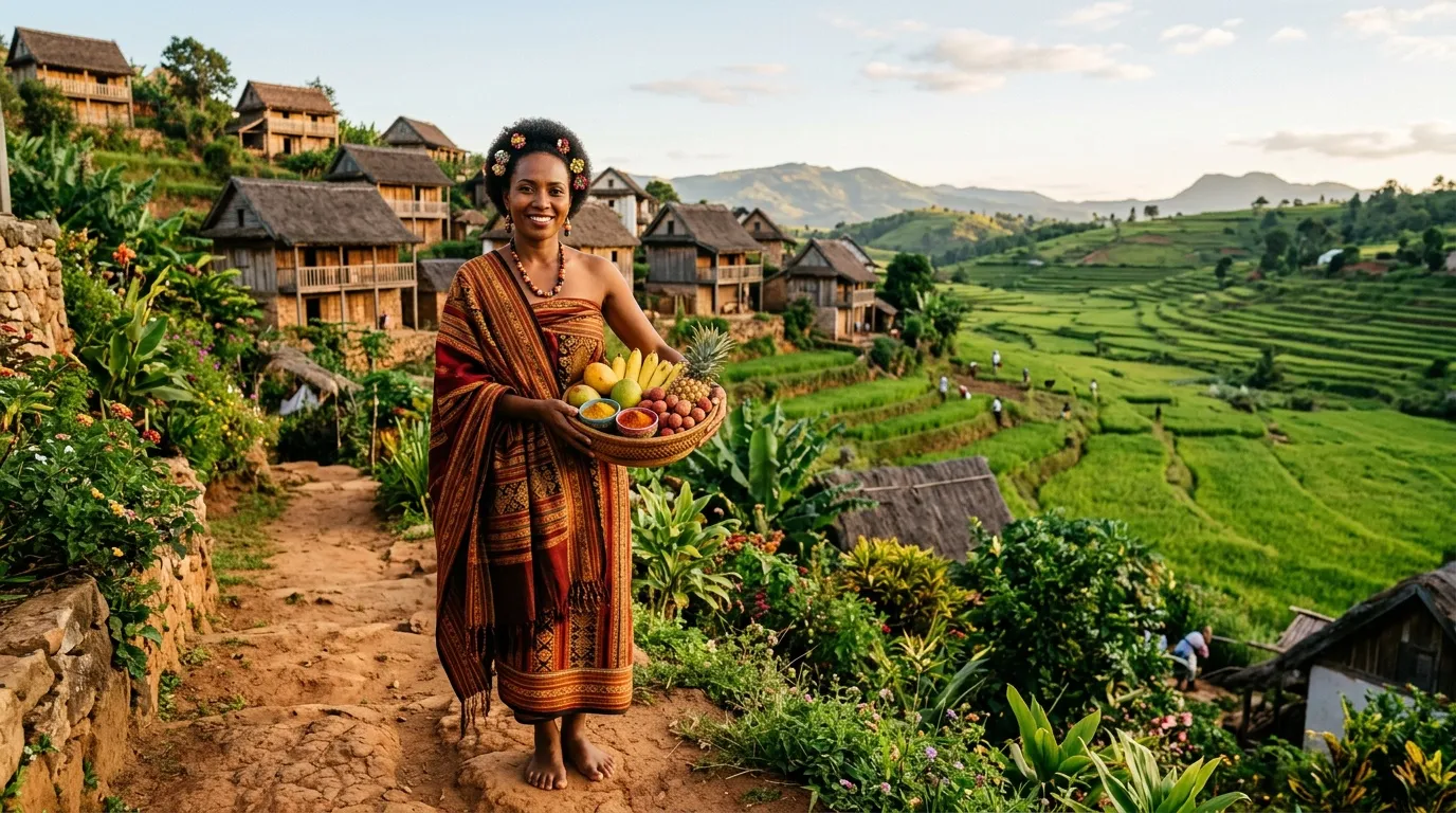 Femme en tenue traditionnelle présentant fruits et légumes