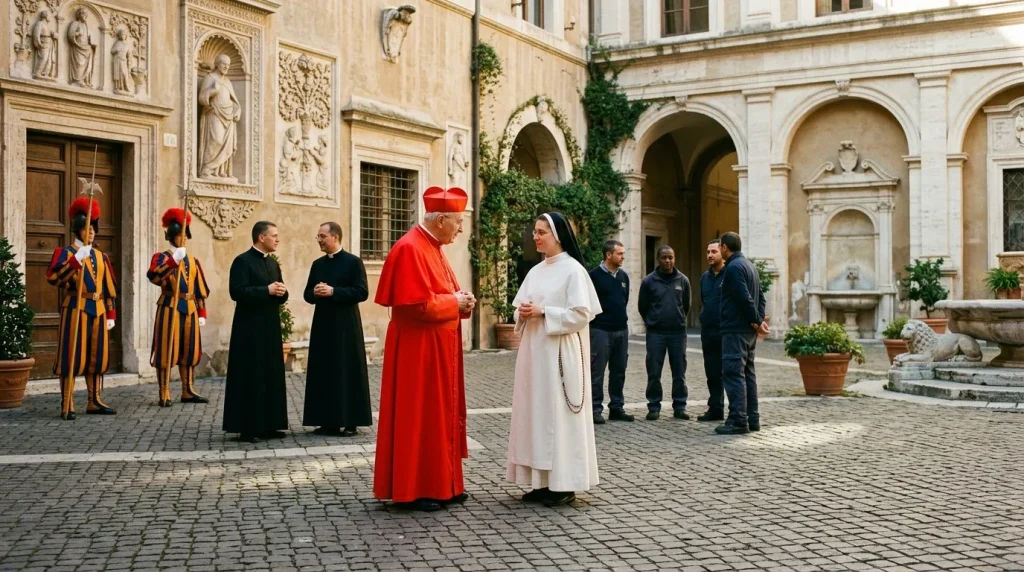 Cardinal en rouge discute avec religieuse dans cour historique