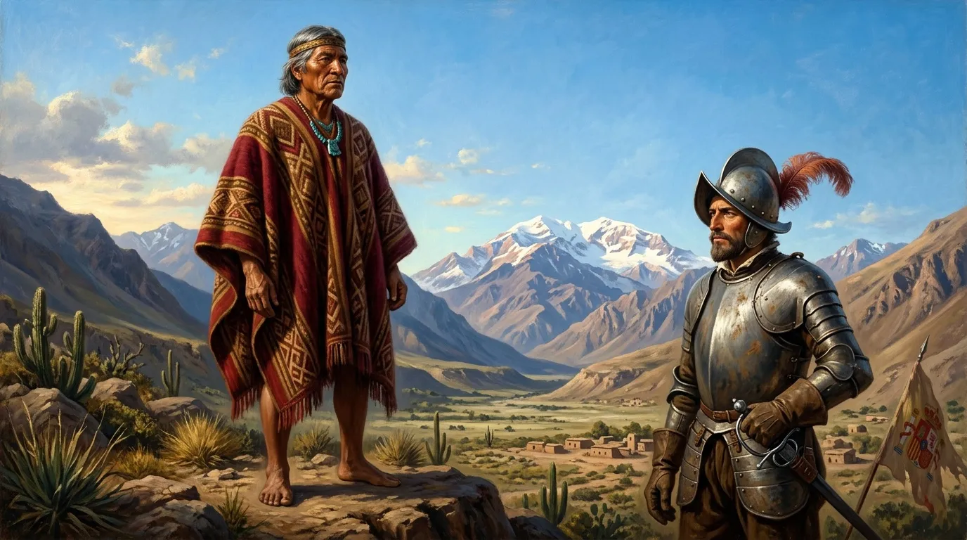 Chef inca et conquistador espagnol dans les montagnes