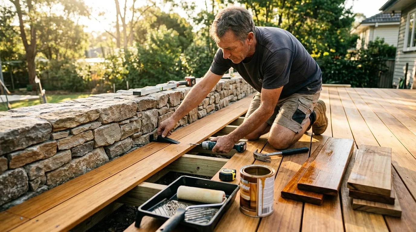 Homme appliquant finition sur planches de terrasse en bois