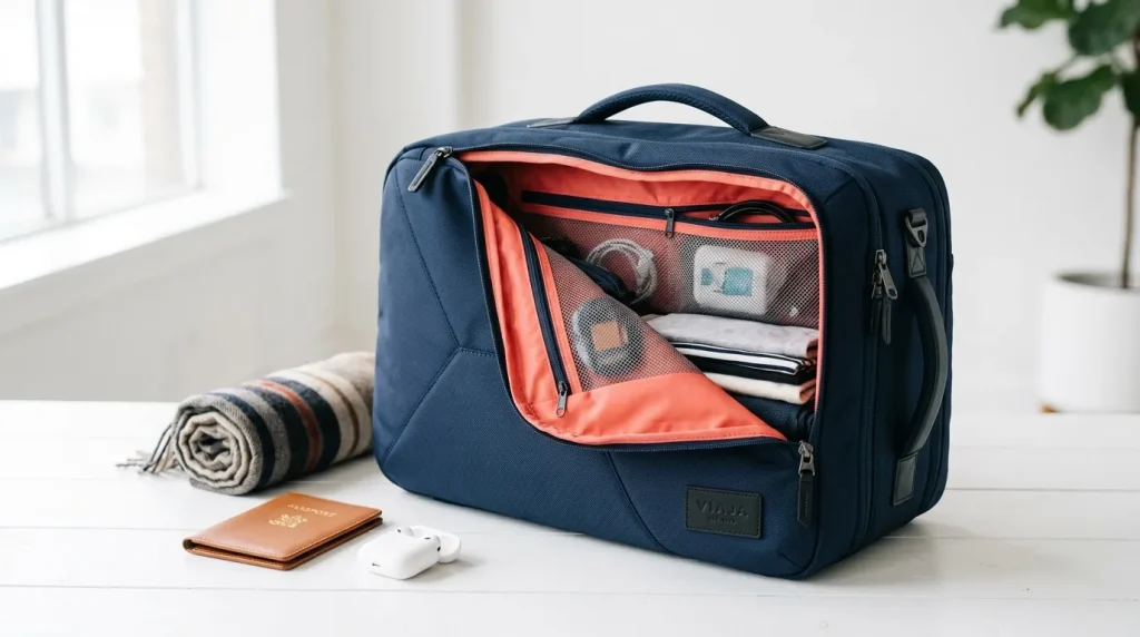 Sac bleu marine ouvert avec intérieur rouge contenant affaires de voyage