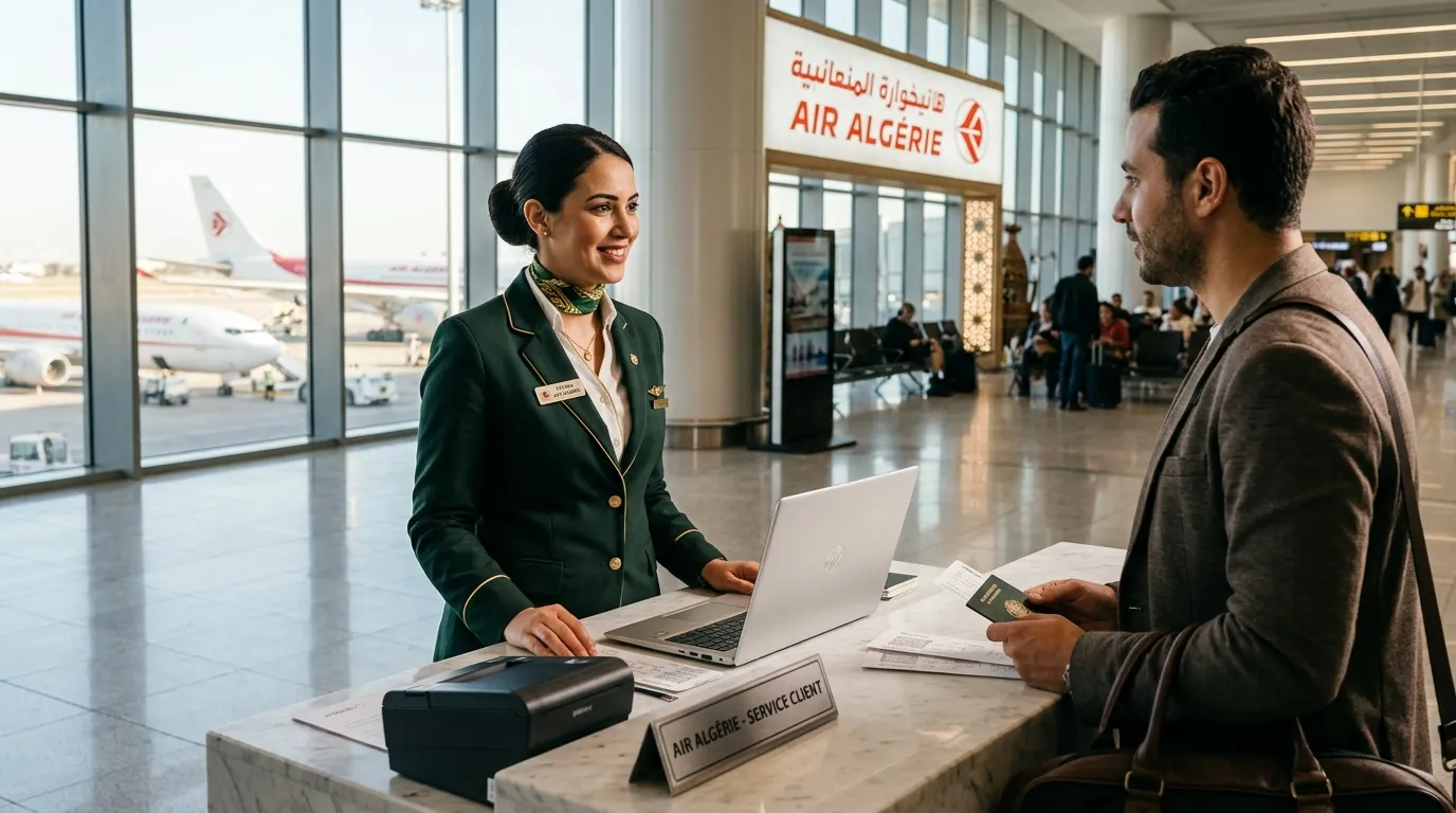 Hôtesse Air Algérie accueille passager à comptoir aéroport