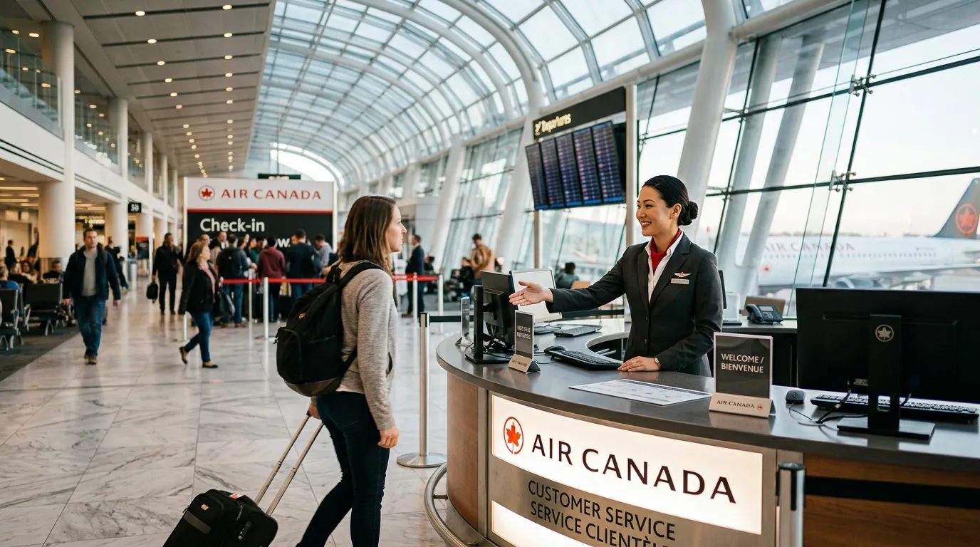 Agent Air Canada accueillant passagère au comptoir d'aéroport