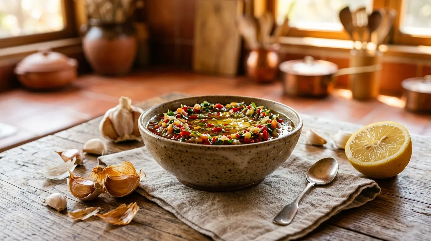 Bol de soupe garnies légumes, citron, ail sur table