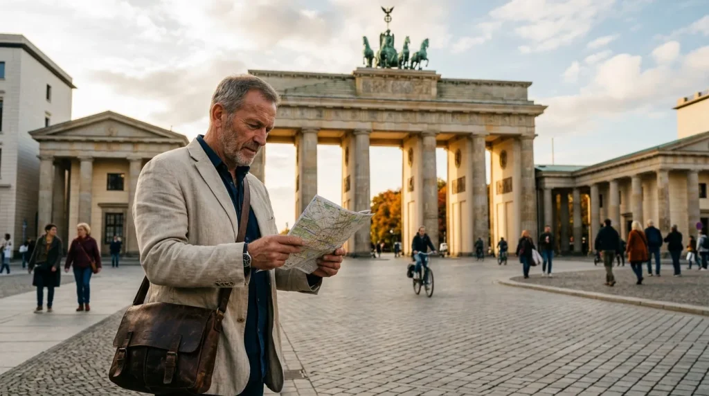 Homme consultant une carte devant la Porte de Brandebourg à Berlin