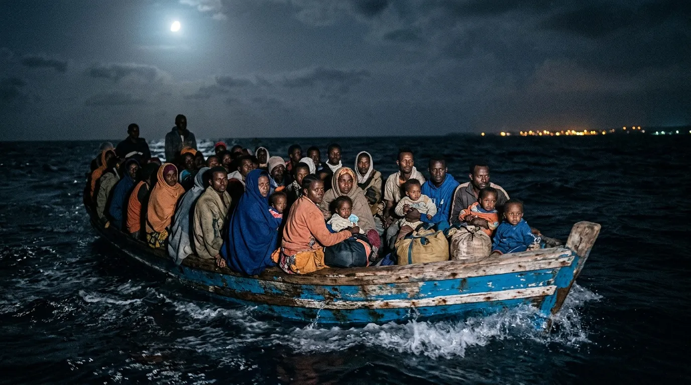 Groupe de migrants dans bateau fragile la nuit sous lune