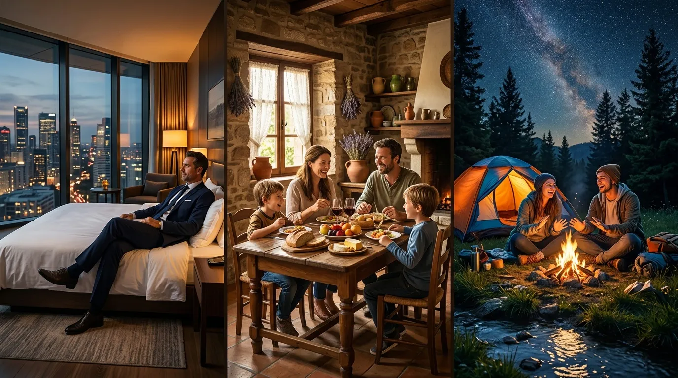 Homme en ville, famille à table, couple camping sous étoiles