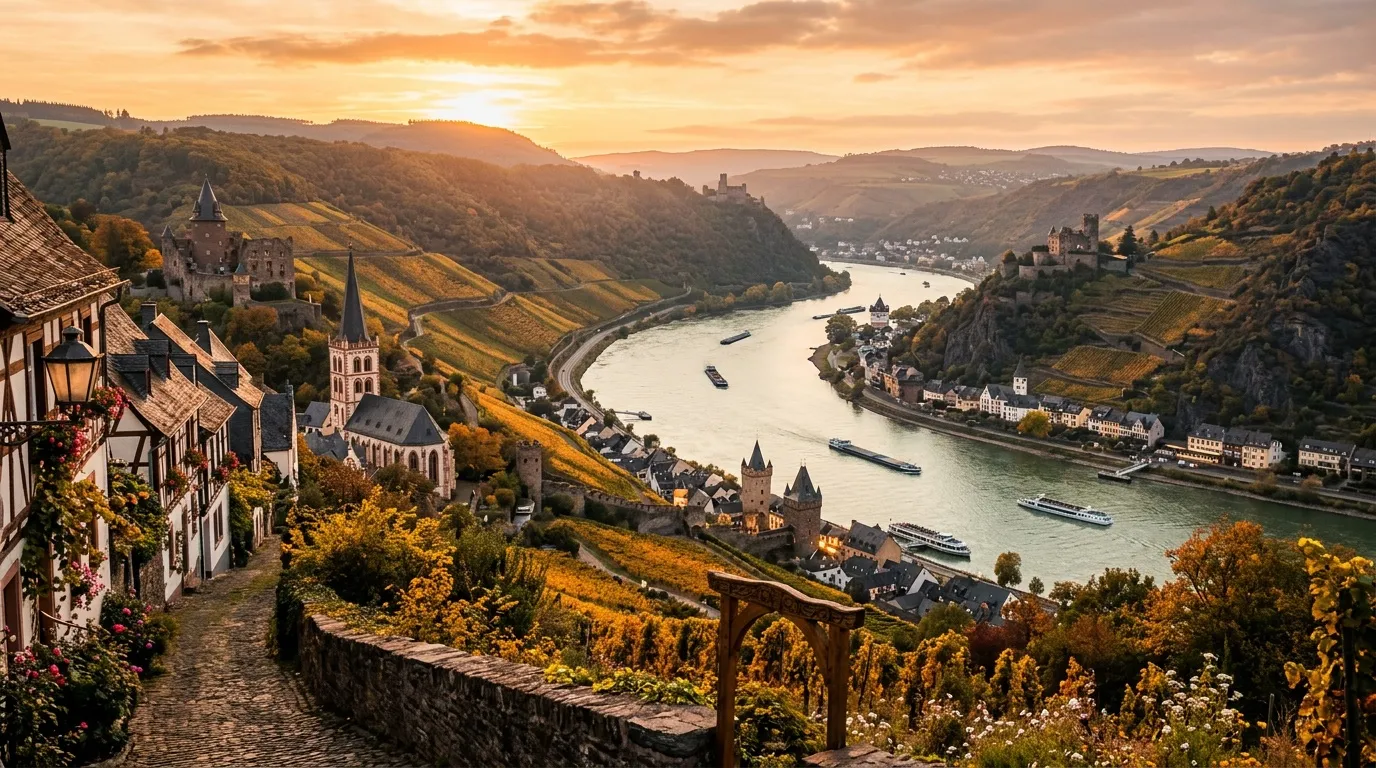 Château médiéval surplombant la vallée du Rhin au coucher de soleil