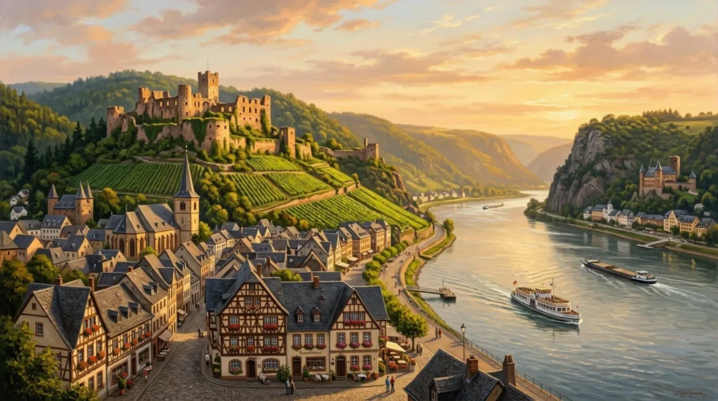Château médiéval surplombant village de maisons à colombages au bord du Rhin