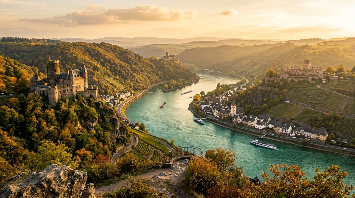 Château médiéval surplombant le Rhin avec villages et vignobles