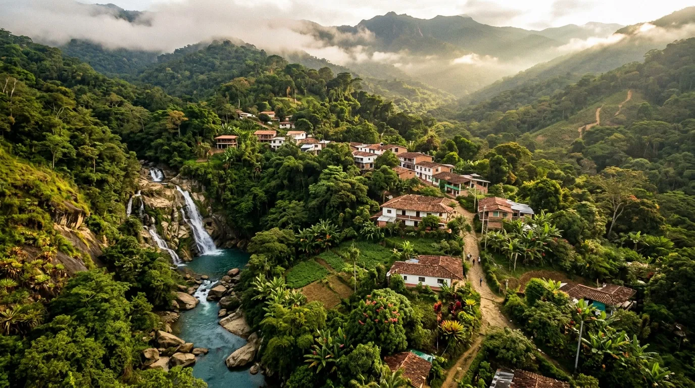 Village montagnard entouré de jungle verdoyante et cascade