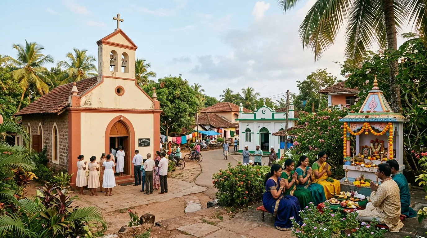 Église chrétienne et temple hindou dans un village indien tropical