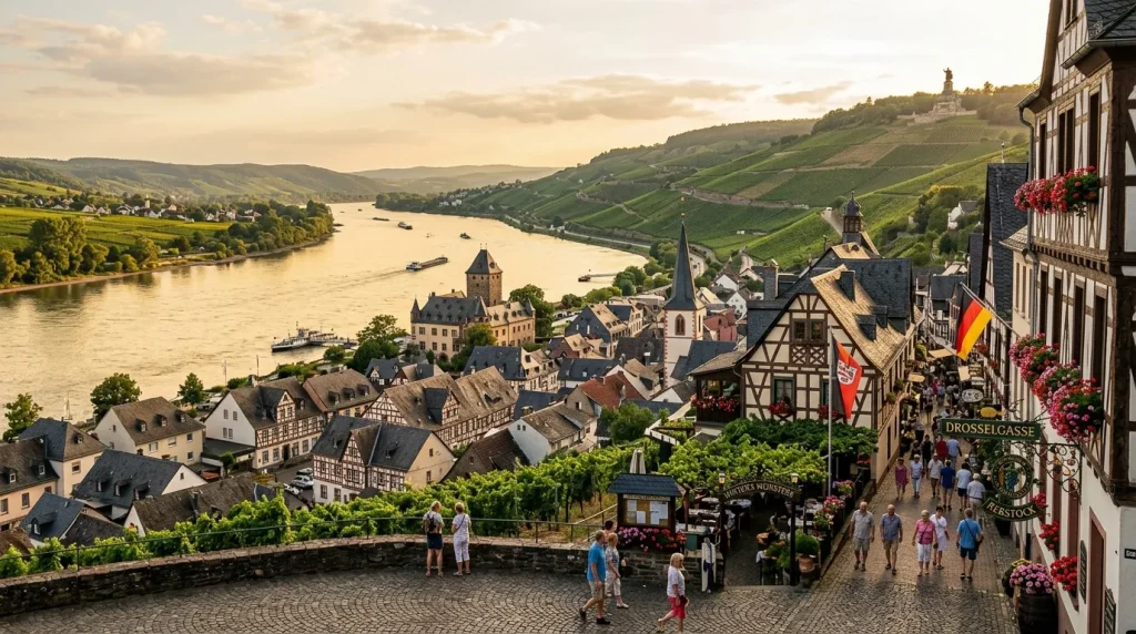 Vue aérienne d'un village allemand traditionnel au bord du Rhin