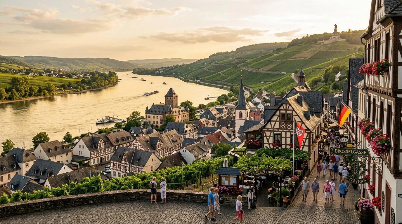 Vue aérienne d'un village allemand traditionnel au bord du Rhin