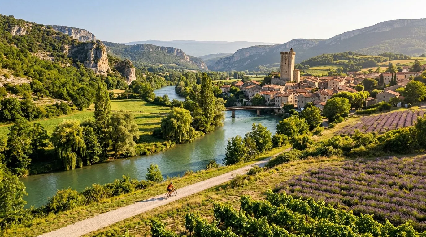 Village avec tour médiévale au bord d'une rivière verdoyante