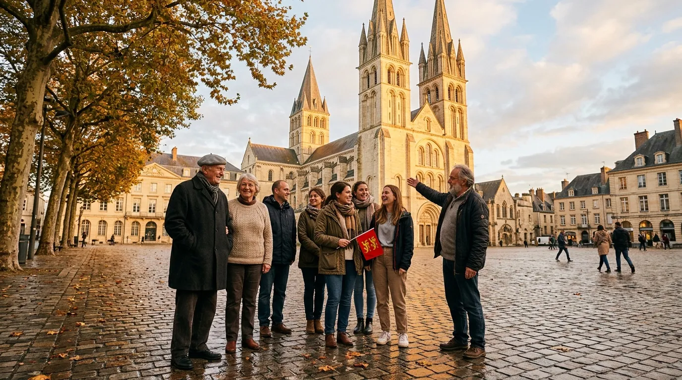 Groupe de touristes écoutant un guide devant une cathédrale