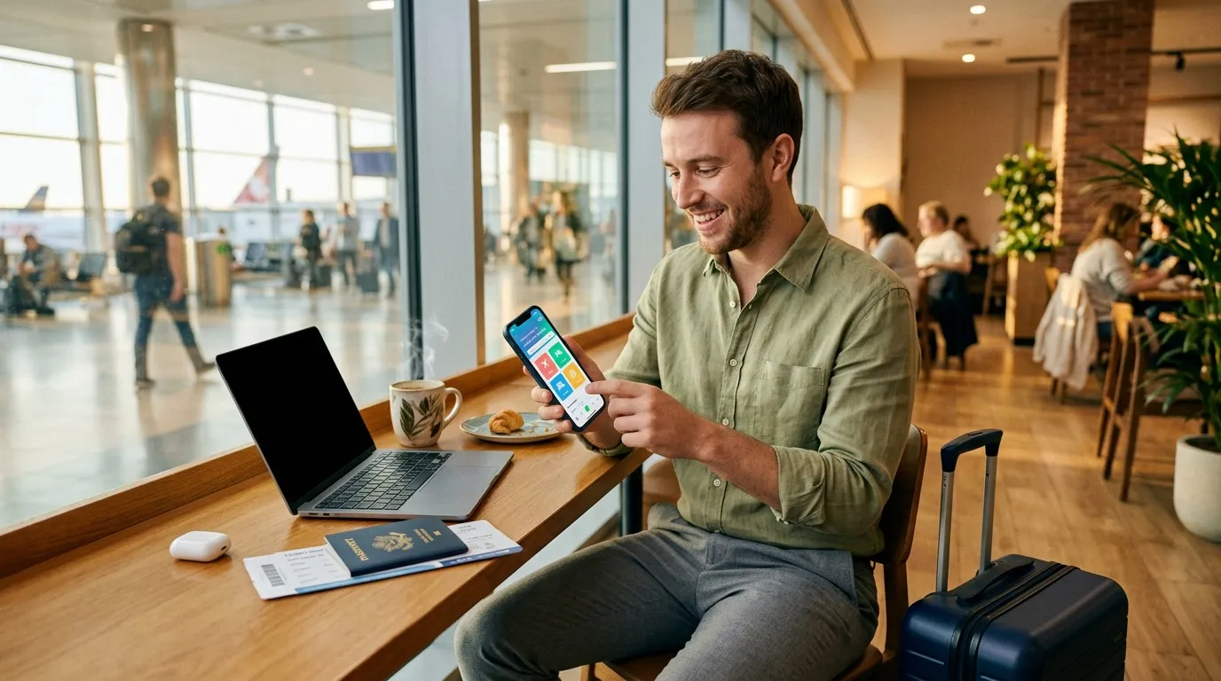 Homme &agrave; l'a&eacute;roport utilisant son smartphone pr&egrave;s de son laptop