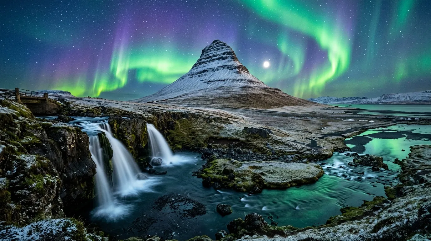 Montagne Kirkjufell Islande aurores boréales vertes cascade