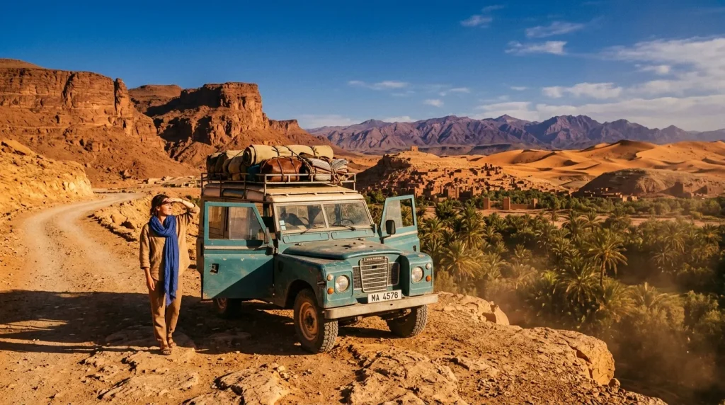 Femme et véhicule 4x4 dans le désert marocain avec kasbah