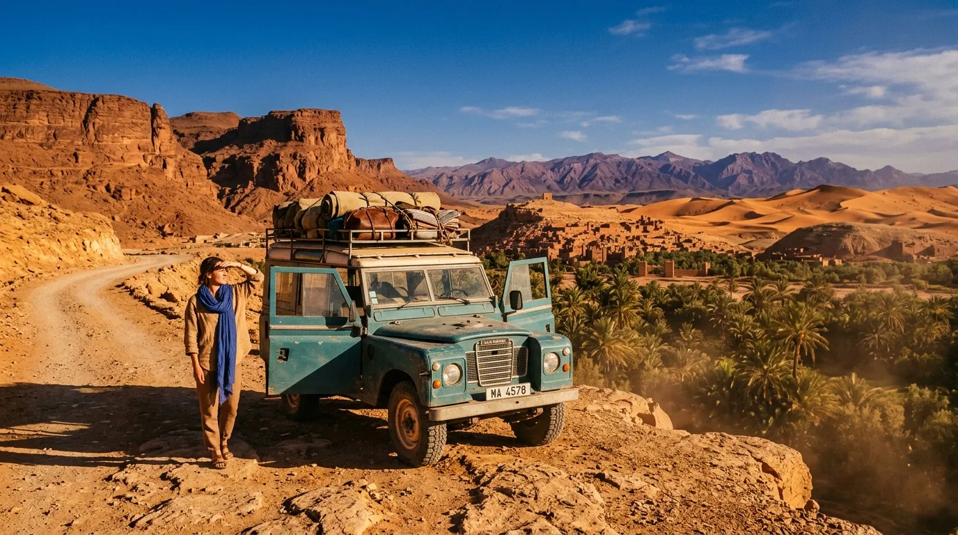 Femme et véhicule 4x4 dans le désert marocain avec kasbah